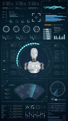 Wall Mural - blue digital robot head with head up display (hud ui) and futuristic technology abstract background 