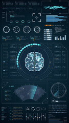 Wall Mural - blue digital brain with head up display (hud ui) panel and futuristic technology abstract background