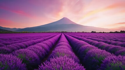 Poster - Vibrant Lavender Fields with Majestic Mountain at Sunset