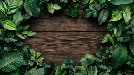 Wall Mural - Wooden Textured Background with Lush Green Leaves Border and Empty Copy Space for Nature Ecology or Botanical Concept