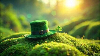 Wall Mural - Miniature Green Leprechaun Hat on a Lush Green Hillside - Tilt-Shift Photography