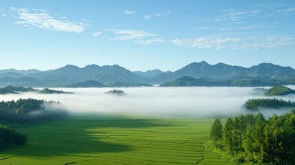 Poster - Serene Landscape of Lush Green Fields and Misty Mountains at Dawn