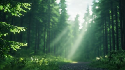 Poster - Serene Forest Path with Sunlight Filtering Through Tall Trees