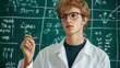 © JK_kyoto - Young Scientist in Lab Coat Holding Pen with Chalkboard Background
