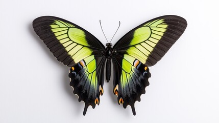 Poster - Vibrant Green and Black Butterfly with Open Wings on White Background