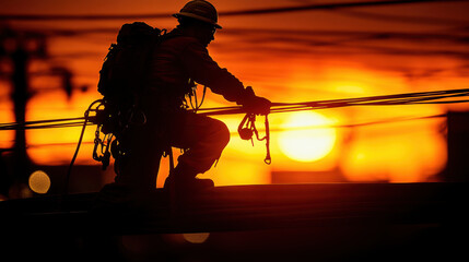 silhouette of worker on power lines against vibrant sunset, showcasing determination and skill. scen