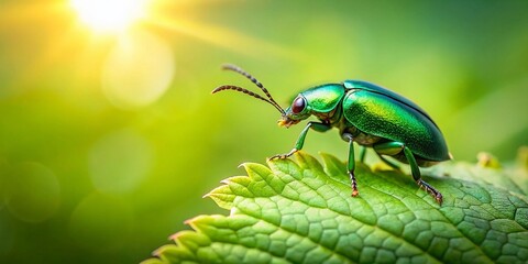 Wall Mural - Minimalist Forest Bug Photography: Green Beetle on Leaf