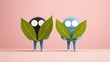 © เด็กชาย นุ่มนิ่ม - pm 2.5 particles impact concept. Two playful characters holding leaves against a pink background.