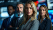 © HavingFunShop - A group of five journalists, three women and two men, standing in a newsroom with large television screens and blurred digital tickers in the background