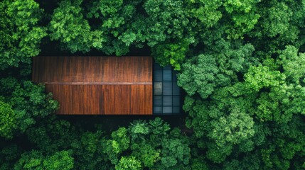 Wall Mural - A stunning aerial view of a rustic wooden house nestled among vibrant green trees, showcasing nature's tranquility and harmony in a serene forest setting.