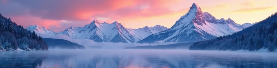 A majestic mountain range is bathed in dawn light, frosty dawn, snowcapped peak, frozen lake