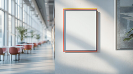 White Mockup Poster with Bold Colorful Frame in Serene University Cafeteria, Perfect for Ad Designs

