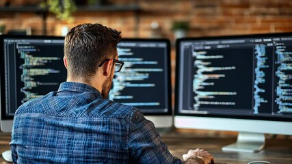 Individual working on computer programming with dual monitors in a modern office space during the day