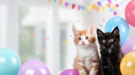 Wall Mural - Party Time: Two adorable kittens, a ginger tabby and a black one, look on curiously as colorful balloons and confetti fill the air in a joyous celebration of a birthday or other special occasion. 