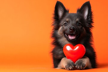 Wall Mural - Cute belgian tervuren doggy with animal toy red heart - symbol of love, funny greeting card. Belgian tervuren - my treasured dog. Commercial creative. Pet love ideas. Dog valentine's poses.