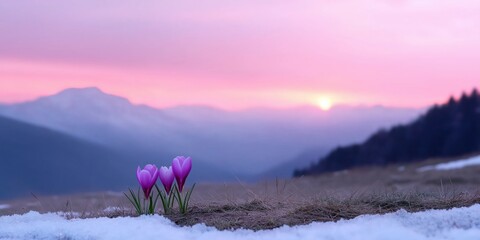 Canvas Print - A small bunch of purple flowers are sitting on a snowy hillside. The flowers are surrounded by snow and the sky is a beautiful pink color. The scene is peaceful and serene