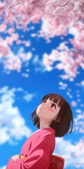 Wall Mural - A girl is standing in front of a tree with pink flowers. She is wearing a pink kimono and looking up at the sky. The image has a serene and peaceful mood, with the girl's gaze directed towards the sky