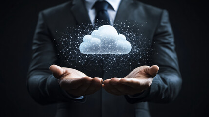 Businessman holding a cloud of social media network icons.