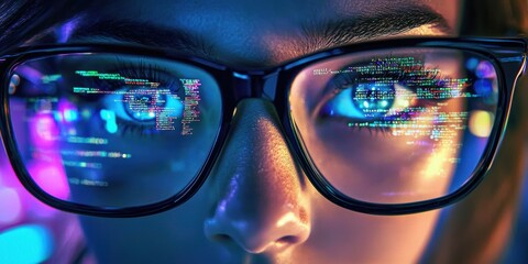 The intersection of technology and vision in a female coder's workspace.