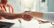 © peopleimages.com - Handshake, meeting and hands of business people in office for agreement, partnership and thank you. Professional, creative company and worker with boss for project approval, agreement and discussion