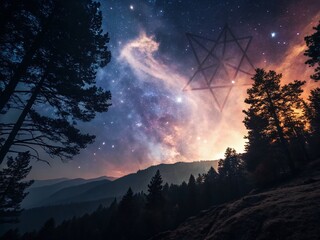 Wall Mural - Mystical Double Exposure: Inverted Pentagram & Celestial Landscape