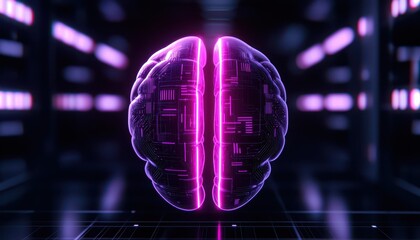 Futuristic digital brain design glowing in neon purple, symbolizing artificial intelligence and connectivity.