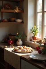 Wall Mural - Warm light pours through windows of cozy kitchen, sweet treats, baking cookies, holiday season