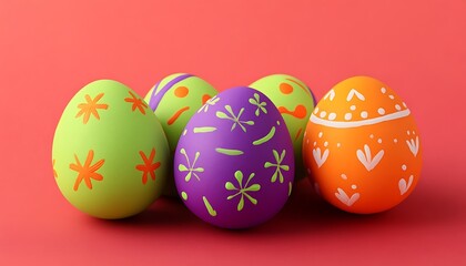 Wall Mural - A coral pink solid background featuring neon-painted Easter eggs in bright green, purple, and orange