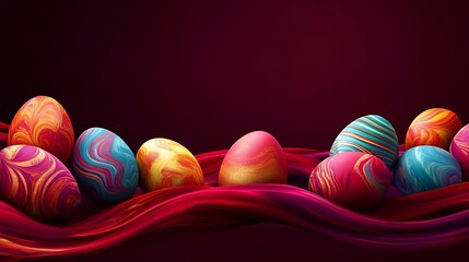 Wall Mural - A deep burgundy background with vibrantly colored eggs arranged in an abstract wave design