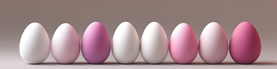 Wall Mural - A light gray background with an ombre arrangement of Easter eggs transitioning from white to deep pink