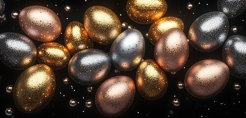 Wall Mural - A midnight black background with metallic eggs in shimmering gold, silver, and rose gold