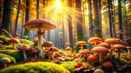 Wall Mural - Panoramic Forest Scene with Abundant Mushrooms, Autumnal Colors, Detailed Fungi