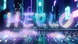 © Vibudhaart - Glowing 'Hello' in a futuristic cityscape, digital particles forming letters, neon lights.