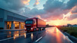 Red Truck at Sunset on Wet Road near Modern Warehouse