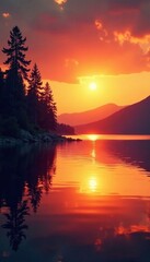 Wall Mural - Warm orange light on lake water, with silhouetted trees and hills in the sky, sunset, warm