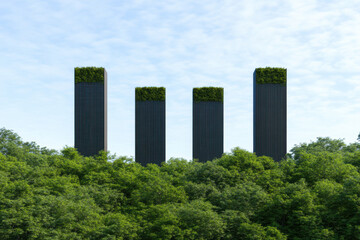 Wall Mural - A row of four tall buildings with green roofs and trees in the background