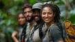 © HavingFunShop - A group of four travel guides, two women and two men, wearing stylish adventure gear, standing in a tropical setting with blurred exotic landscapes in the background