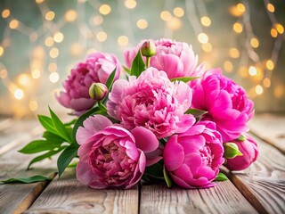 Wall Mural - Pink Peony Bouquet on Rustic Whitewashed Wood – Bokeh Background Stock Photo