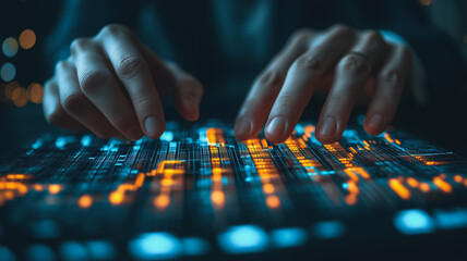 Canvas Print - Cybernetic Symphony:  A close-up shot of hands skillfully manipulating a glowing, futuristic interface, evoking a sense of technological mastery and innovation.