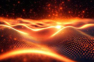 Aufkleber - Abstract orange and black wavy landscape with glowing particles and a starry background.