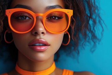 Wall Mural - Vibrant portrait of a woman wearing bright orange sunglasses and stylish accessories