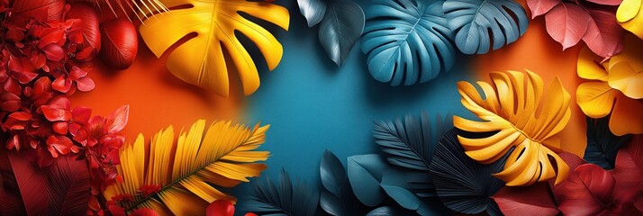 Wall Mural - Vibrant graphic layout featuring tropical leaves in vivid colors for promotional materials