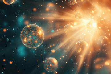 Aufkleber - Glowing celestial bodies radiate light in a cosmic scene, sparkling with ethereal energy.