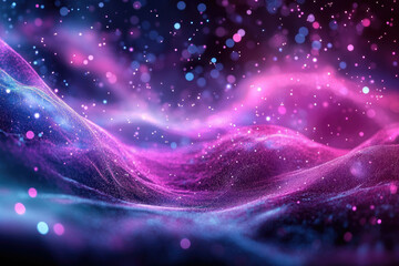 abstract purple and blue wave background with glowing particles and bokeh effect.