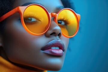 Wall Mural - Stunning beauty portrait featuring a model with bold orange sunglasses and vibrant colors