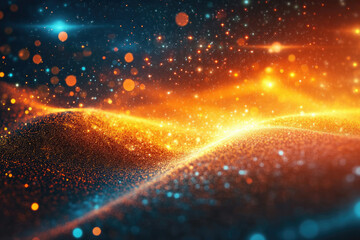 Aufkleber - Abstract cosmic landscape with glowing particles and bokeh, vibrant orange and teal hues.