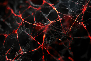 Fototapete - Intricate spiderweb illuminated with red light, creating a dark, dramatic, and textured image.