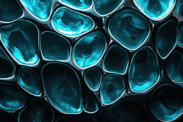 Abstract image of interconnected, teal, glossy, organic shapes resembling a liquid or cellular structure.