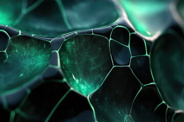 Poster - Abstract close-up of a dark, glossy surface with a network of glowing green veins forming cellular structures.