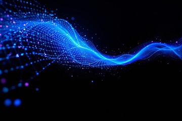 Wall Mural - abstract glowing blue wave with digital particles on black background.